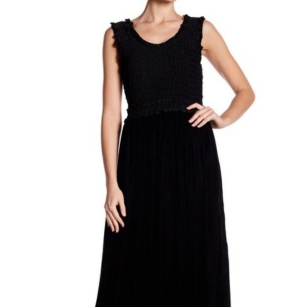 Max Studio Black Smocked Georgette Velvet Maxi Dress